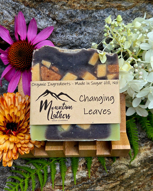 A handmade soap bar labeled 'Mountain Lathers Changing Leaves' sits on a small wooden stand, surrounded by flowers and greenery against a rocky outdoor background. The soap has a dark purple top layer with orange leaf inclusions and a pale green bottom layer.