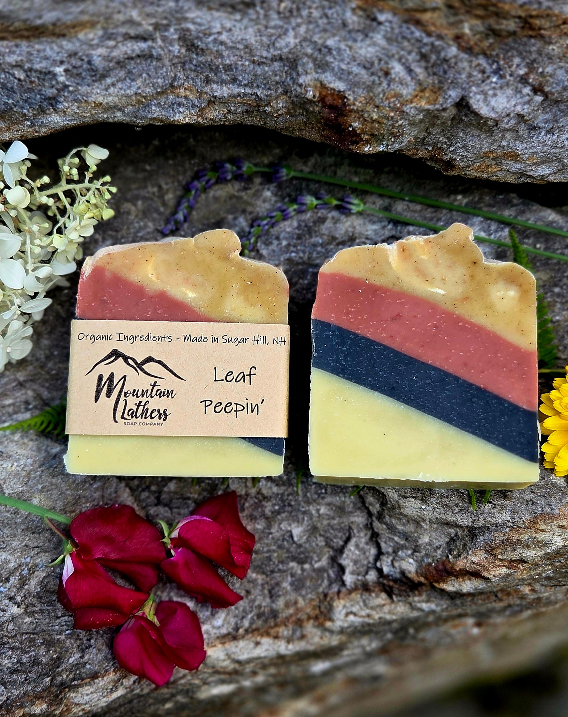 Two handmade layered soap bars labeled 'Mountain Lathers Leaf Peepin'' are displayed on a textured gray stone surface with red rose petals and small flowers as decorative props.